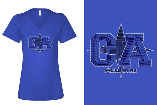 Rhinestones CA California ALL STARS Women's Relaxed V-Neck