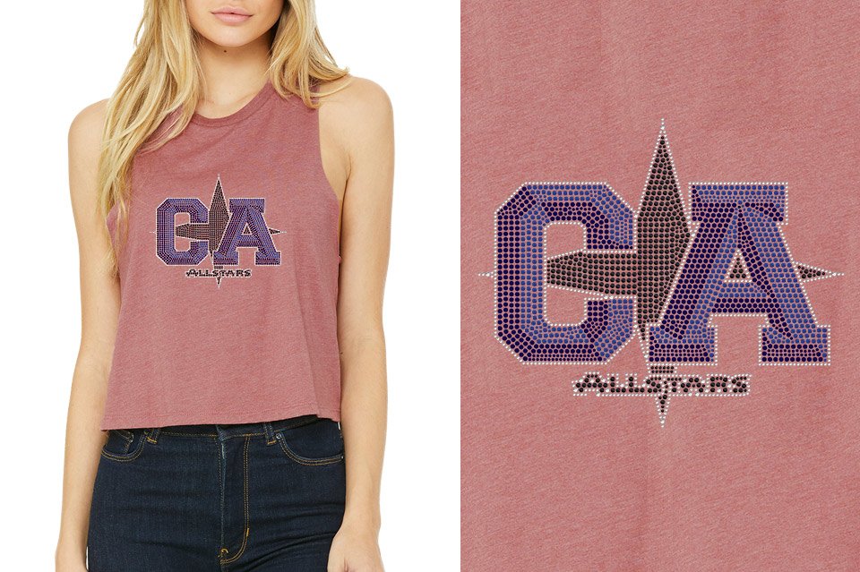 Rhinestones CA California ALL STARS Relaxed Fit Women's Racerback Cropped Tank
