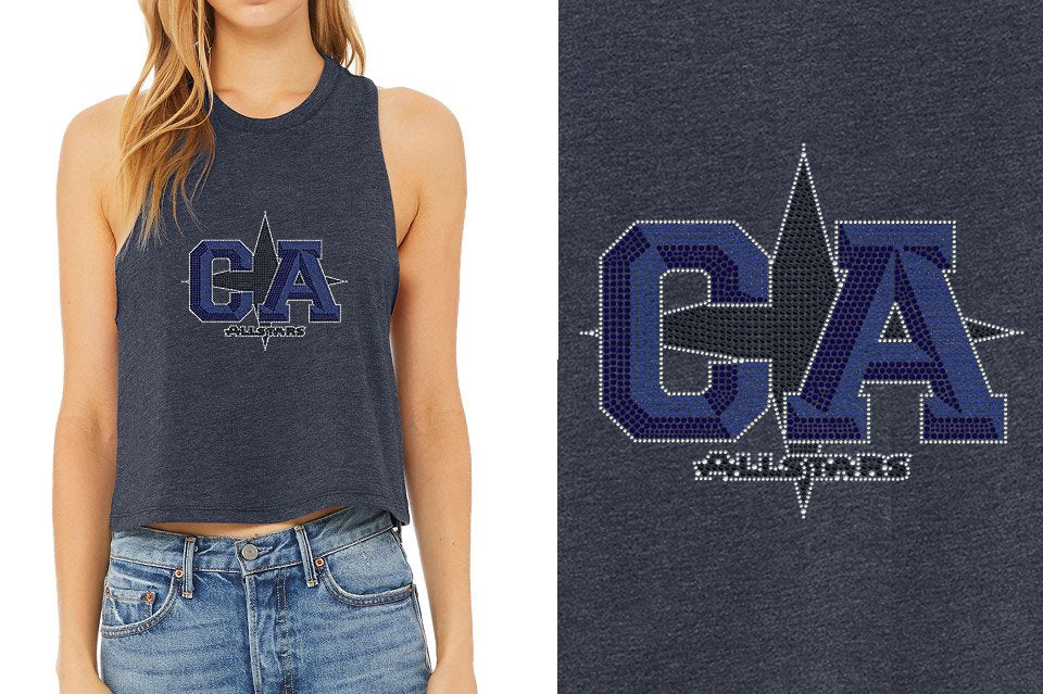Rhinestones CA California ALL STARS Relaxed Fit Women's Racerback Cropped Tank