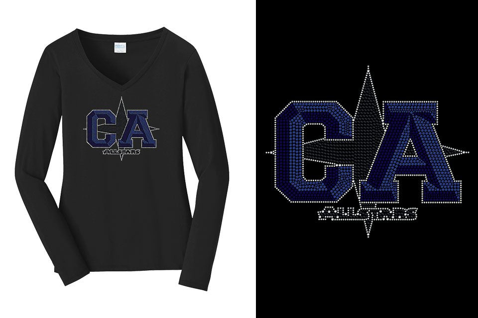 Rhinestones CA California ALL STARS Women's Relaxed Fit Long Sleeve V-Neck